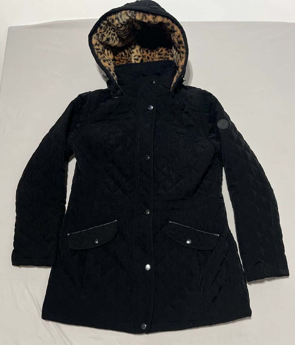 Laundry by Shelli Segal Quilted Hooded Coat Size L Black Faux Fur Lined - Picture 7 of 9